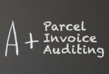 Black chalkboard with the words "A+ Parcel Invoice Auditing" on it