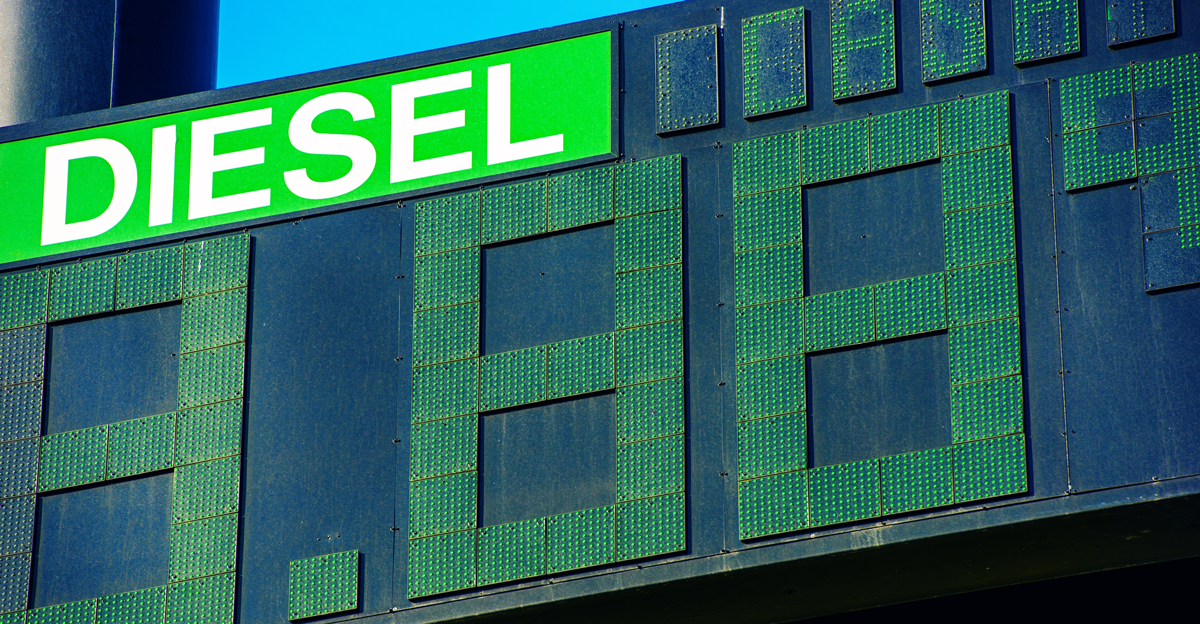 Close-up of a digital diesel fuel prices display