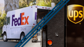 Side-by-side of a Fedex truck and a UPS truck