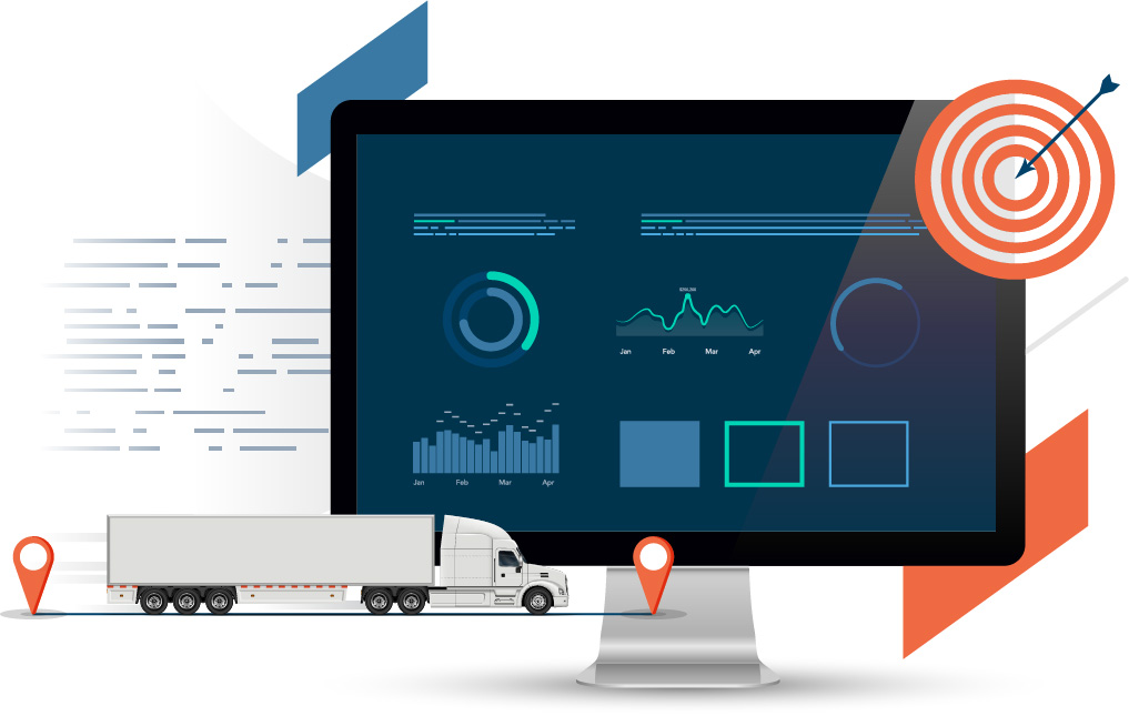 Computer monitor with visualized transporation costs and charts featured next to a trucking icon and location pins