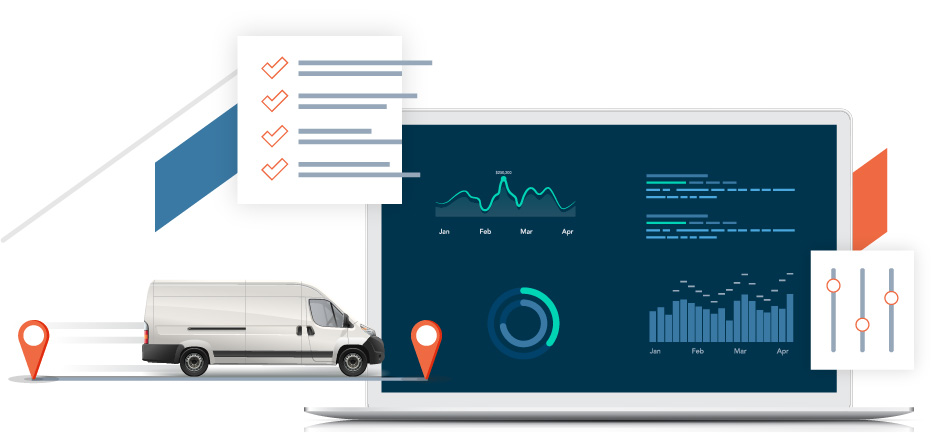 freight truck near a computer with data visualizations on-screen