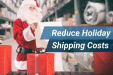 Santa's warehouse with the text "Reduce holiday shipping costs" overtop