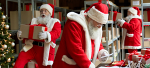 Three Santas in a mailroom