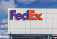 View of the logo on a FedEx facility